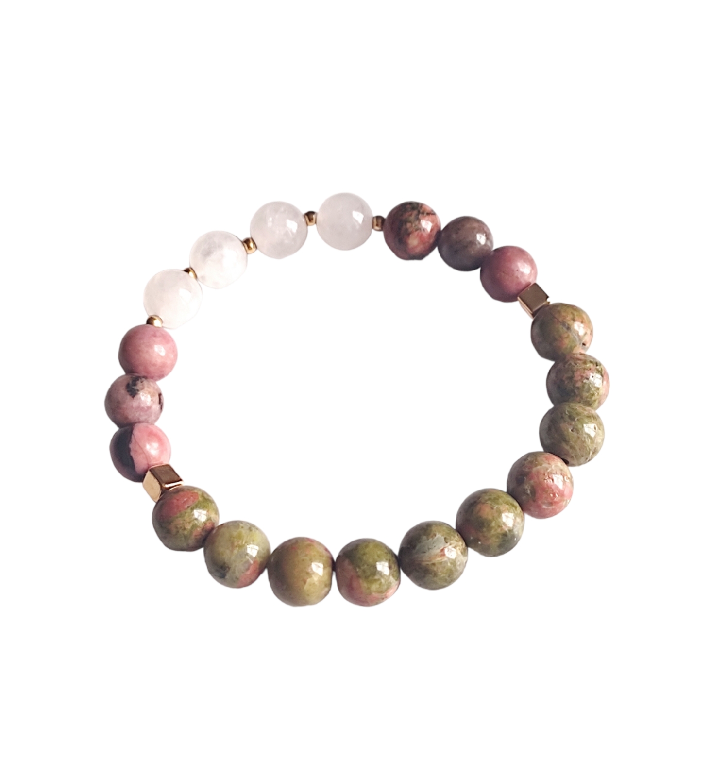 Pulsera básica de piedras naturales de cuarzos rosa, turmalinas, unakitas.