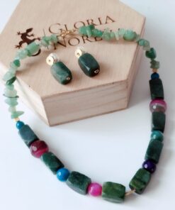 Juego de Collar y aretes en Piedras naturales de Ágatas facetadas y Jade