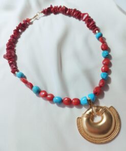 Collar de Piedras naturales de Turquesas y Corales - Dije Precolombino Nariguera de trenza Quimbaya