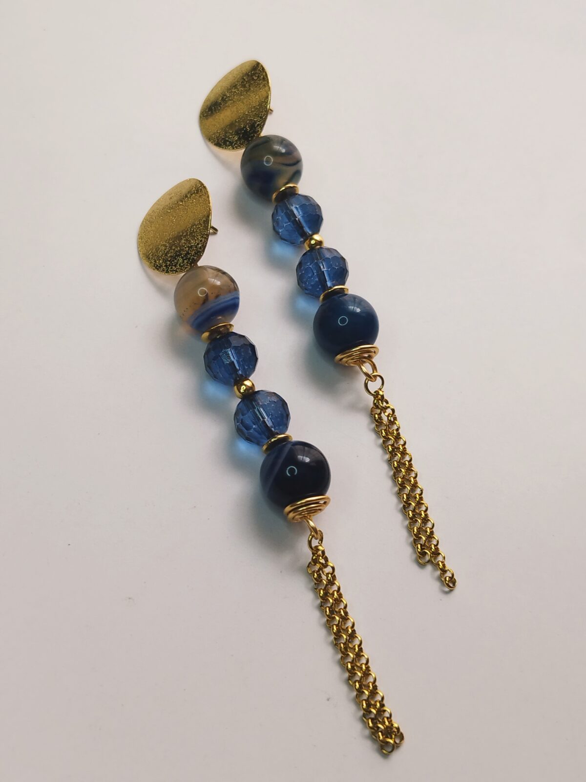 Aretes  de Piedras naturales de Cuarzo Rosa - Topos dorados y cadenas de acero - Imagen 3