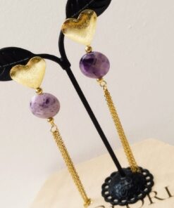 Aretes  de Piedras naturales de Amatista - Topos dorados y cadenas de acero