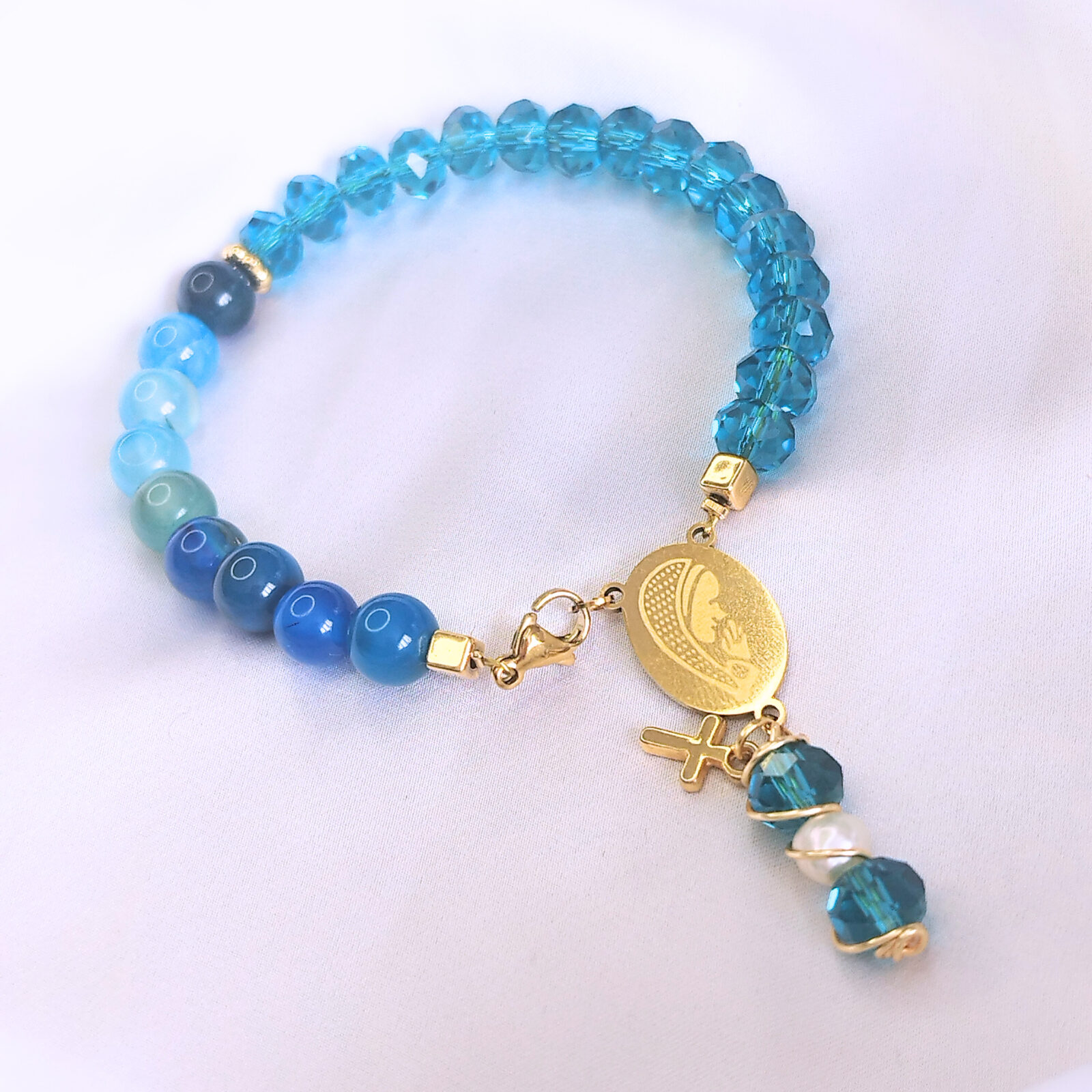 PULSERA EN PIEDRA NATURAL Y MURANOS DE CRISTAL - CON CRUCERO Y BROCHE DE ACERO - Imagen 3