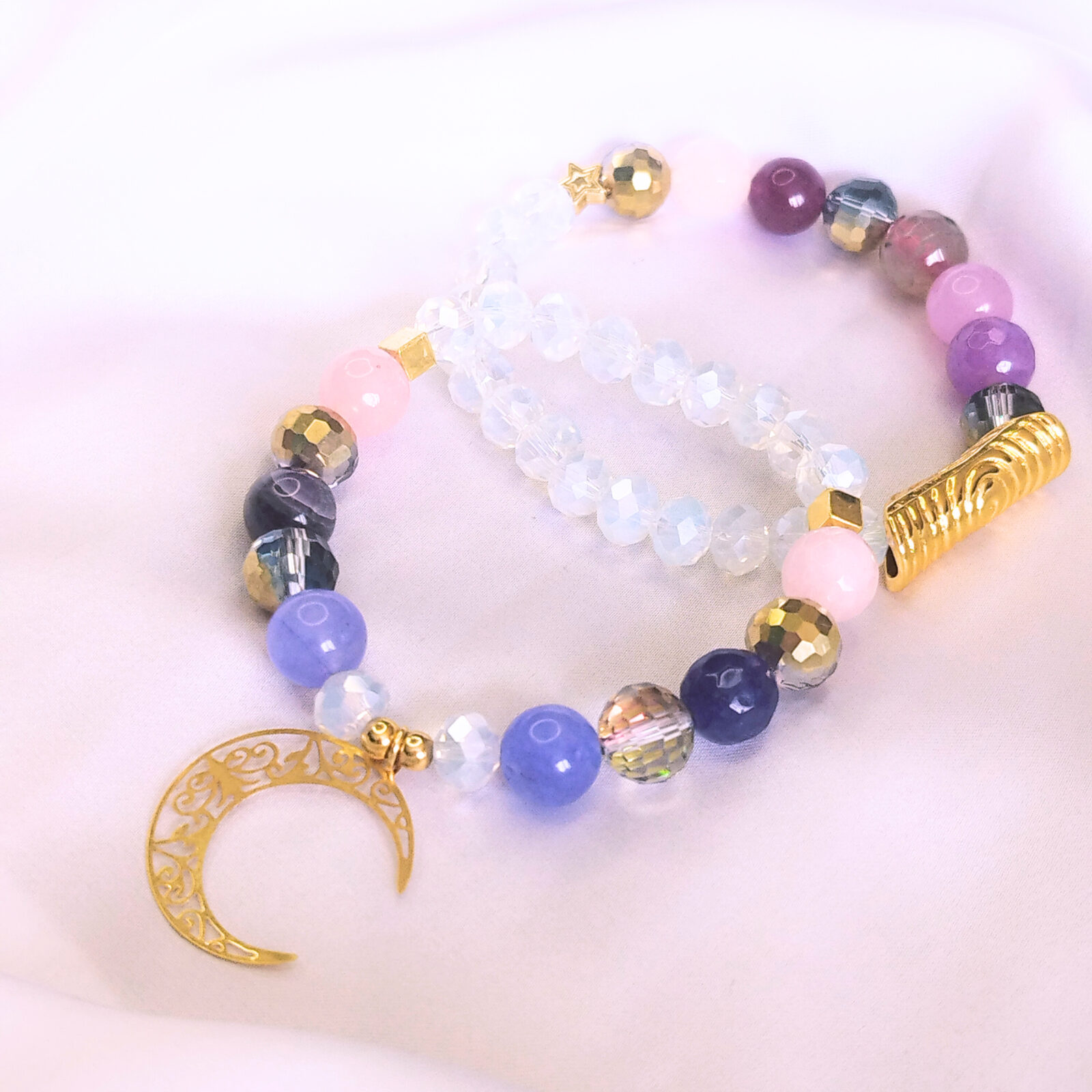 PULSERA EN PIEDRA NATURAL Y MURANOS DE CRISTAL - DIJE DE LUNA - Imagen 3