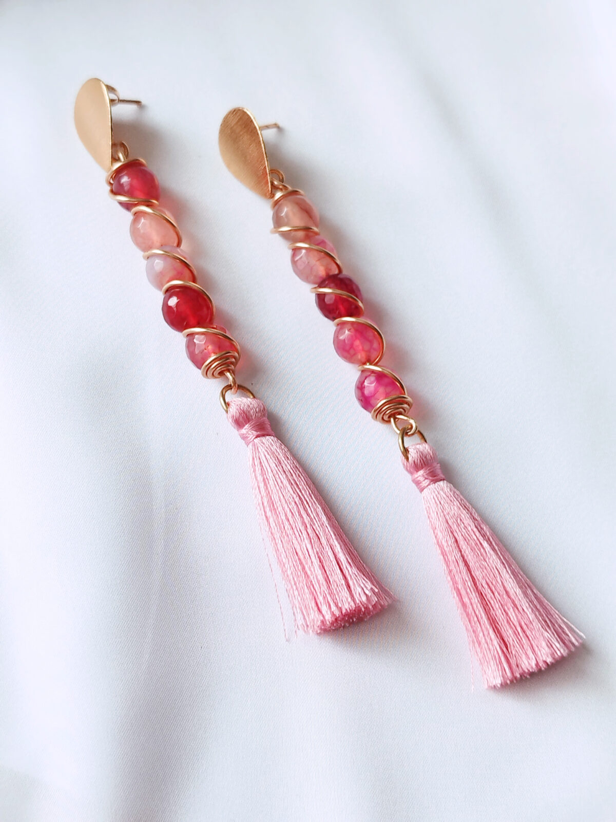 Aretes  de Piedra Natural de Ágatas con Alambrismo y borlas - Imagen 3