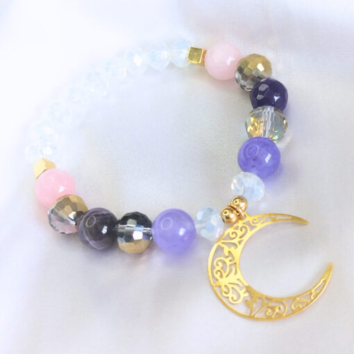 PULSERA EN PIEDRA NATURAL Y MURANOS DE CRISTAL - DIJE DE LUNA